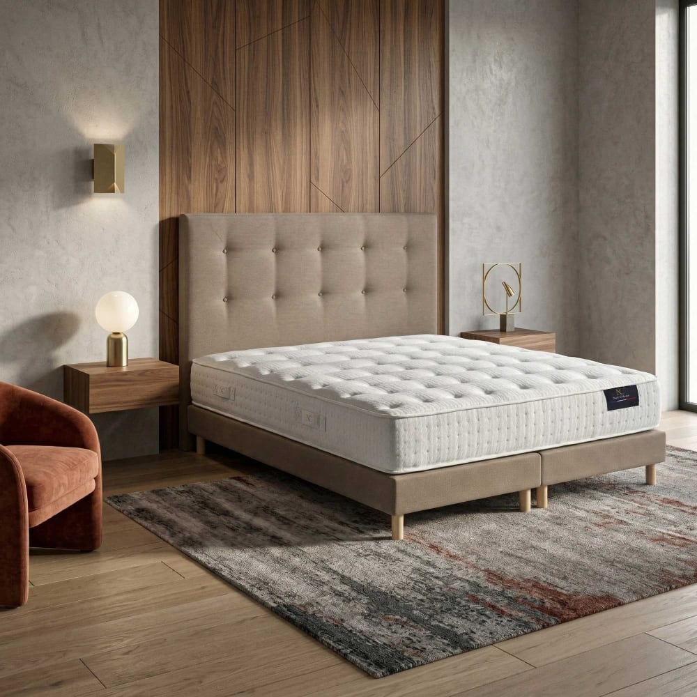 Matelas hybride ensachés sommier tête de lit capitonnée taupe