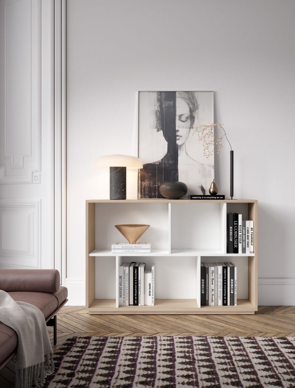 Bibliothèque en mélaminé noyer clair et blanc 80x119x32 cm