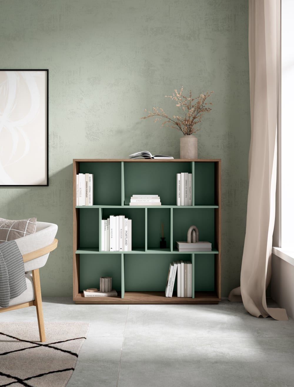 Bücherregal aus Melamin in Nussbaum und Grün 117x119x32 cm -