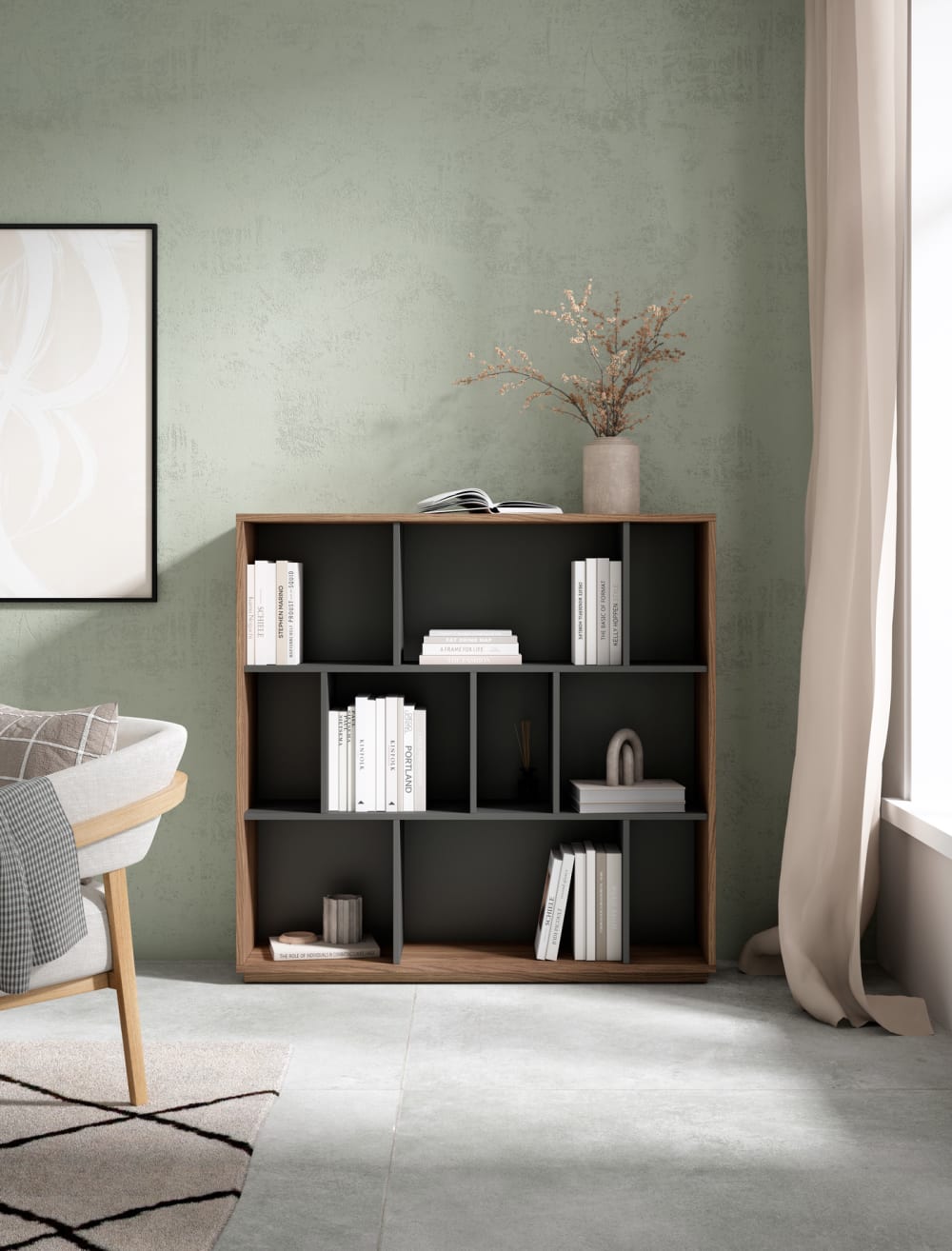 Bücherregal aus Melamin in Nussbaum und Graphit 117x119x32 cm -