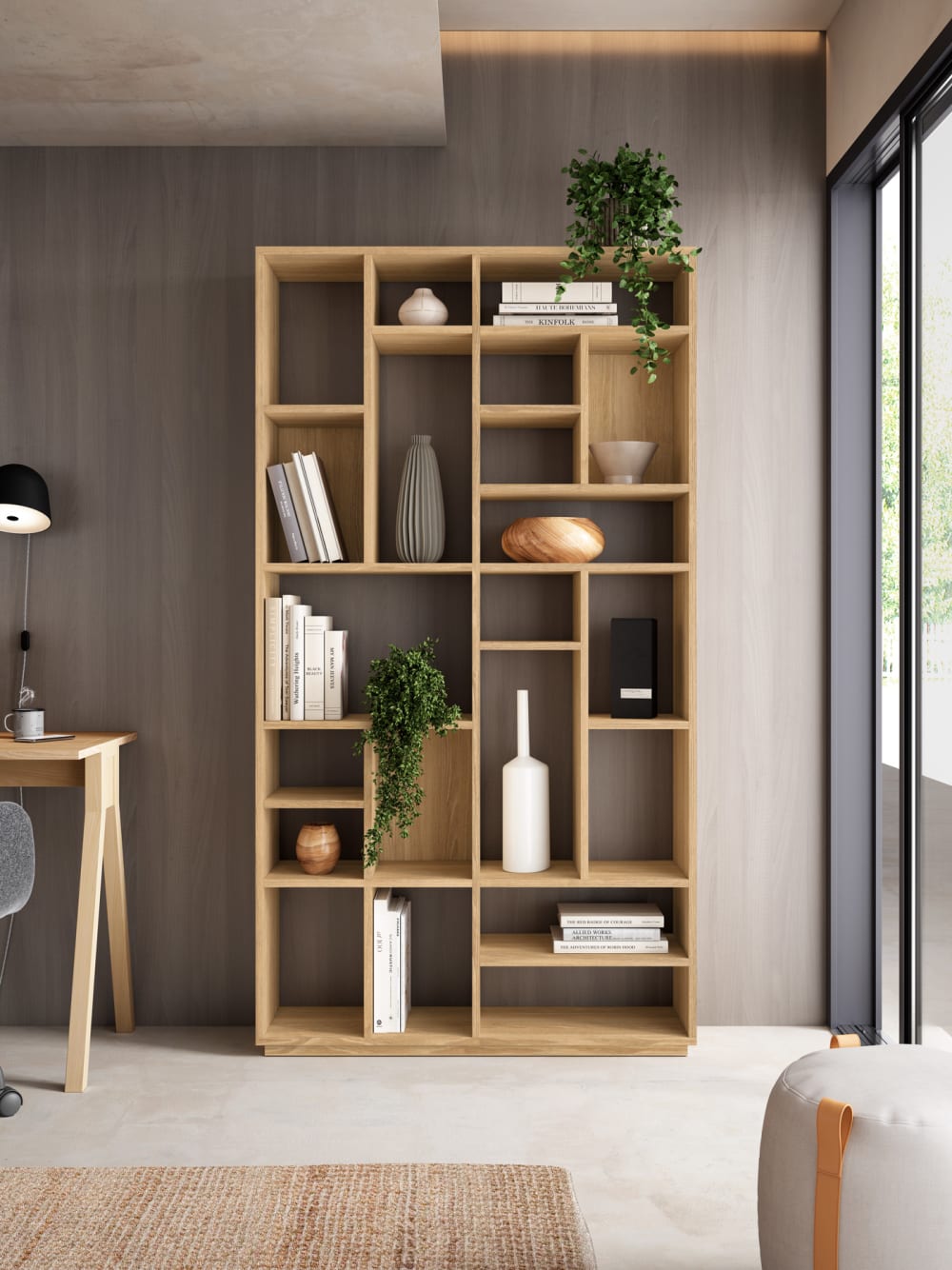 Étagère asymétrique 21 niches en placard finition chêne doré