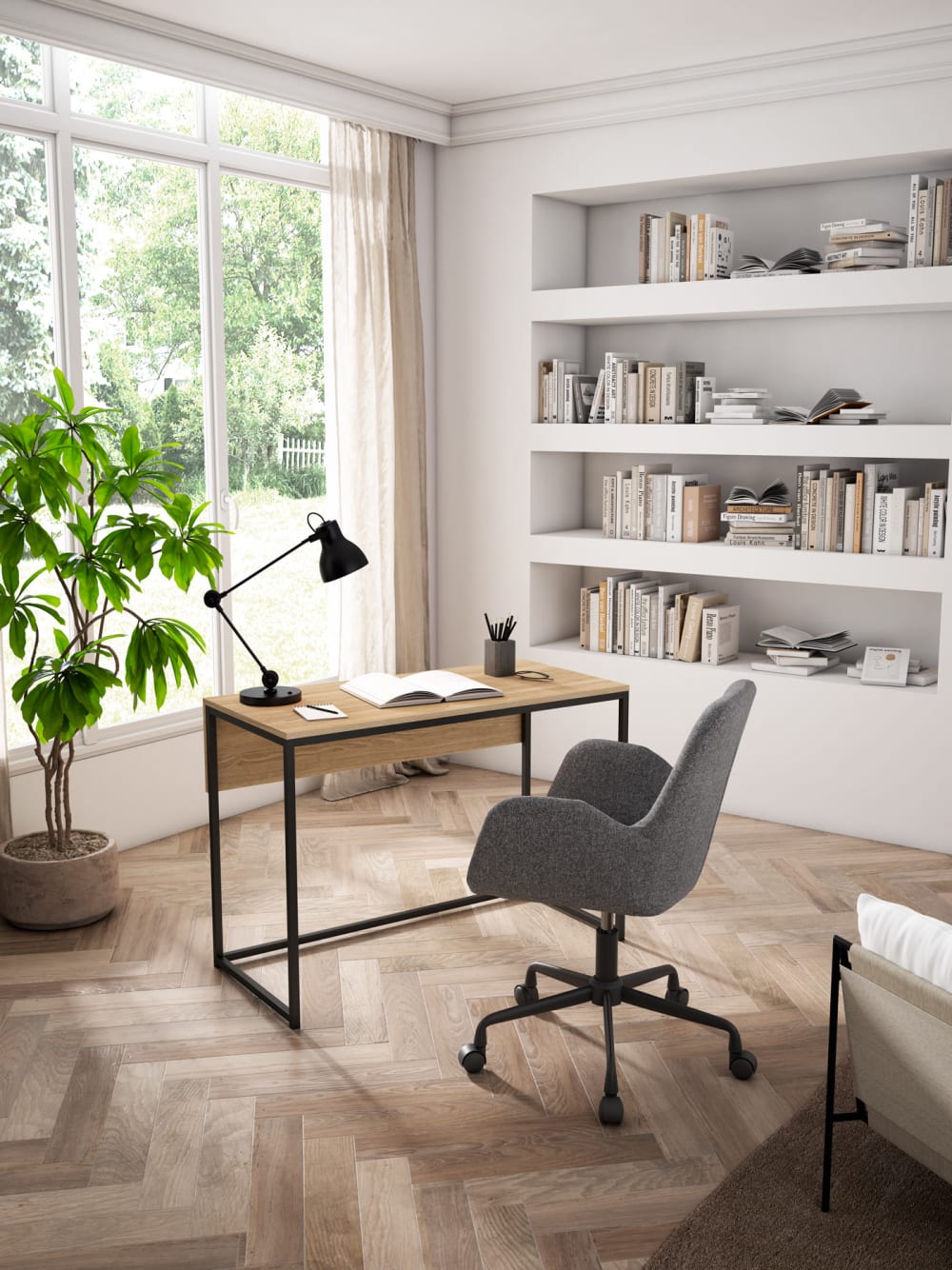 Schreibtisch aus Stahl und Melamin in Eiche goldfarben 75x105x52