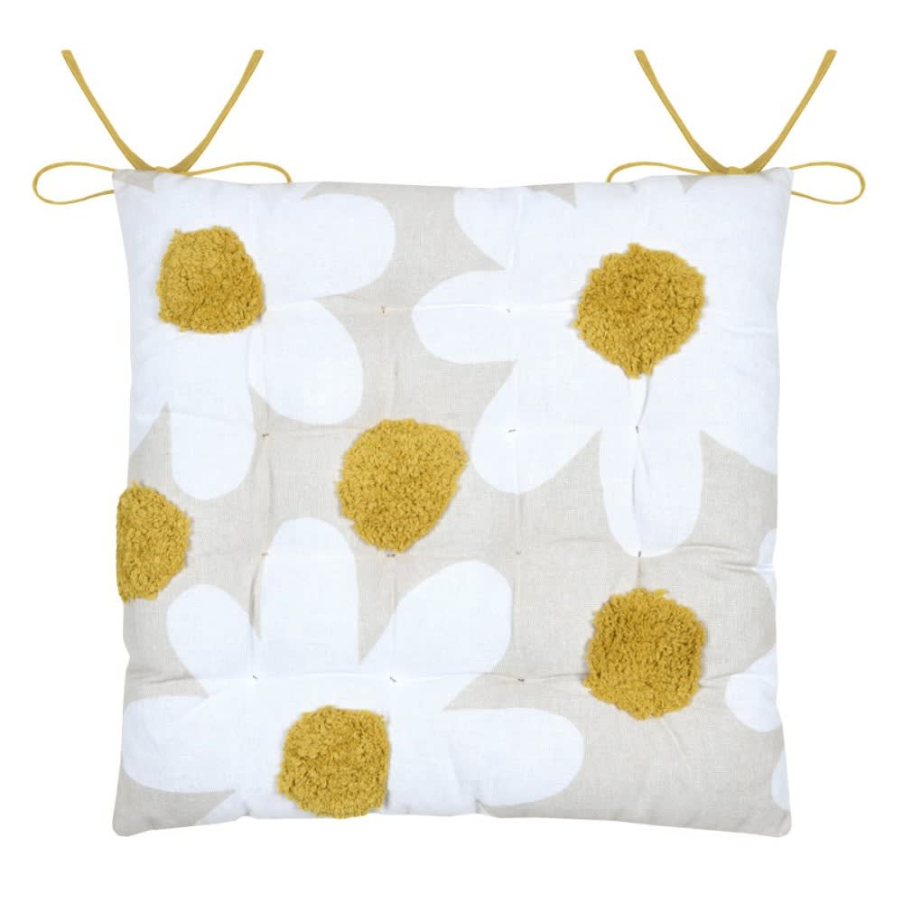 Galette de chaise en polycoton capitonnée à motif marguerites jaune
