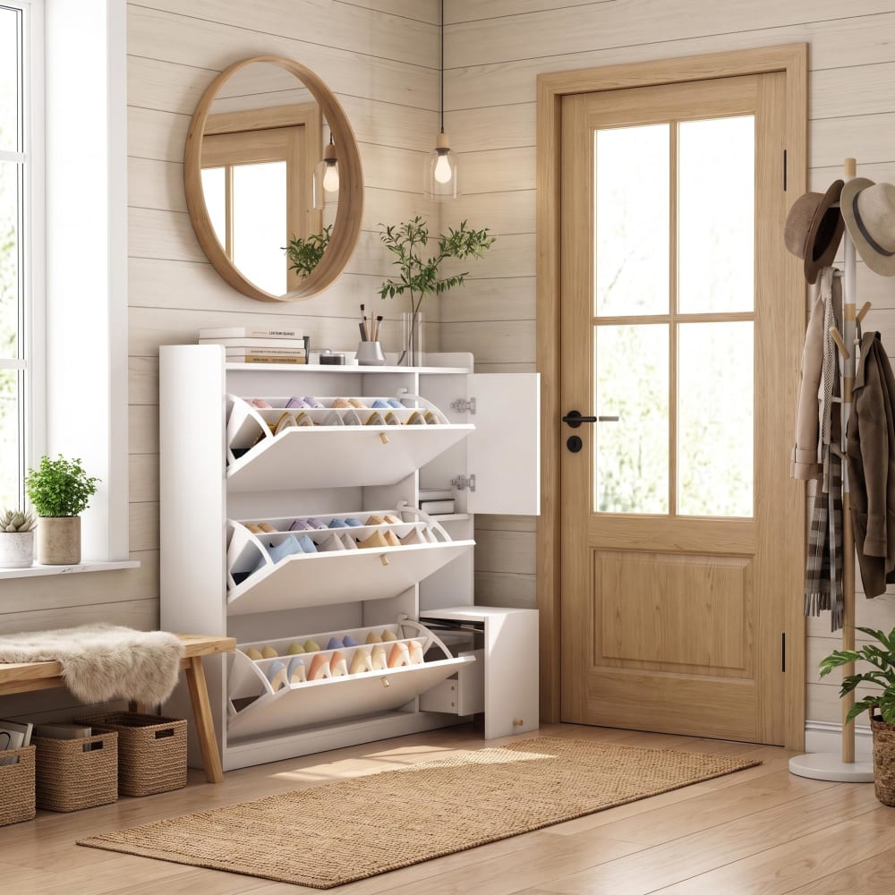 Weißer Schuhschrank, Klappschubladen + Klappsitzbank - Maisons Du