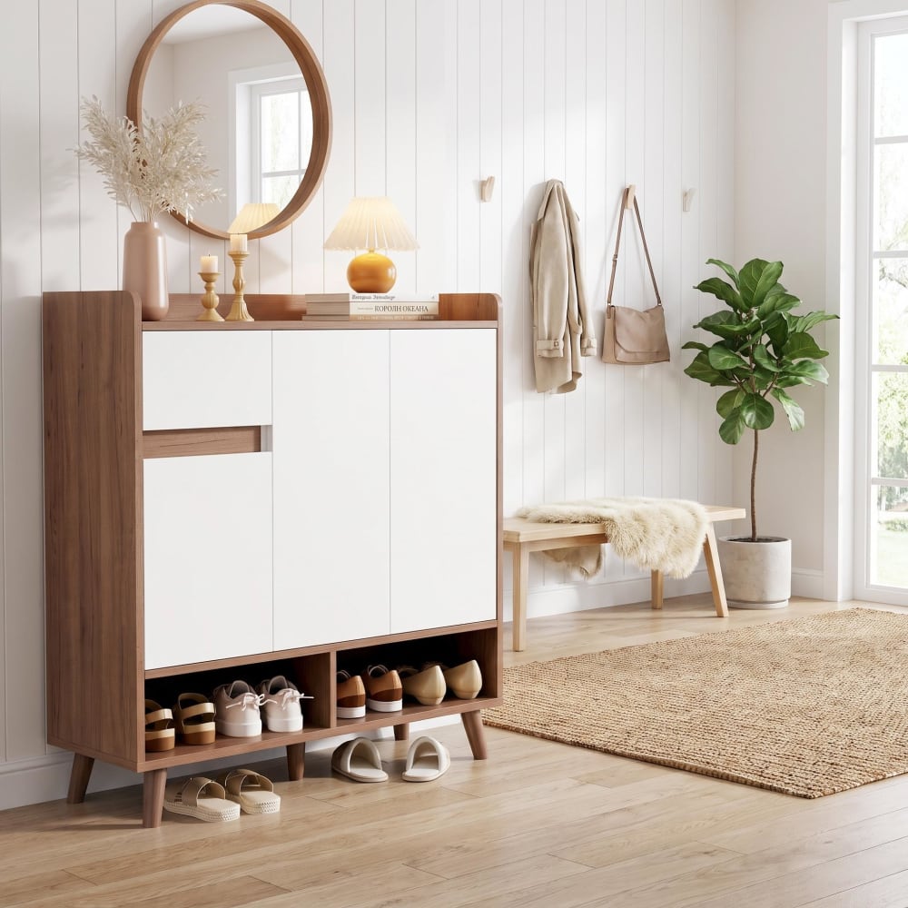 Minimalistischer Schuhschrank, verstellbare Böden, weiß+natur -