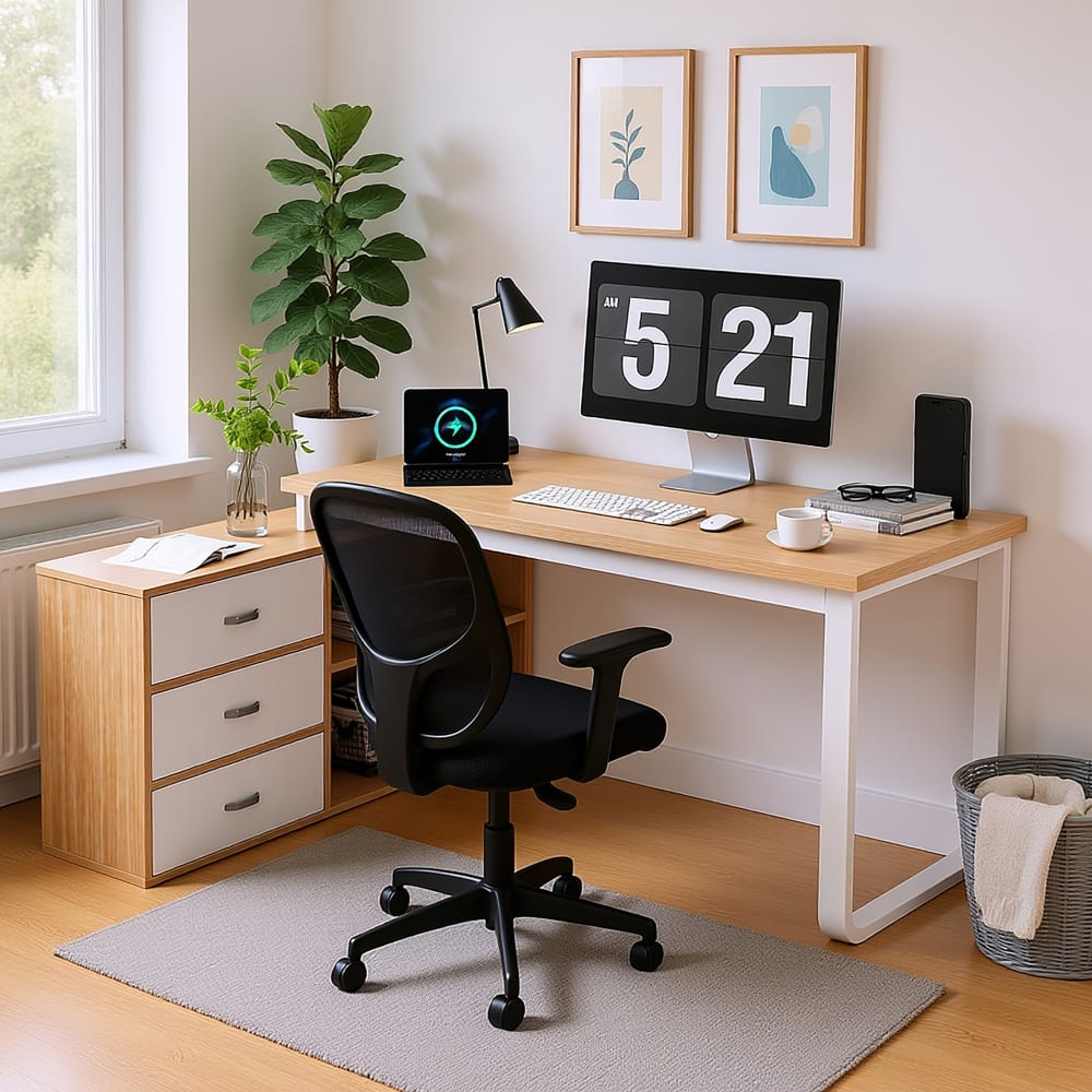 L-förmiger Computertisch aus Naturholz, 3 Schubladen+2 offene