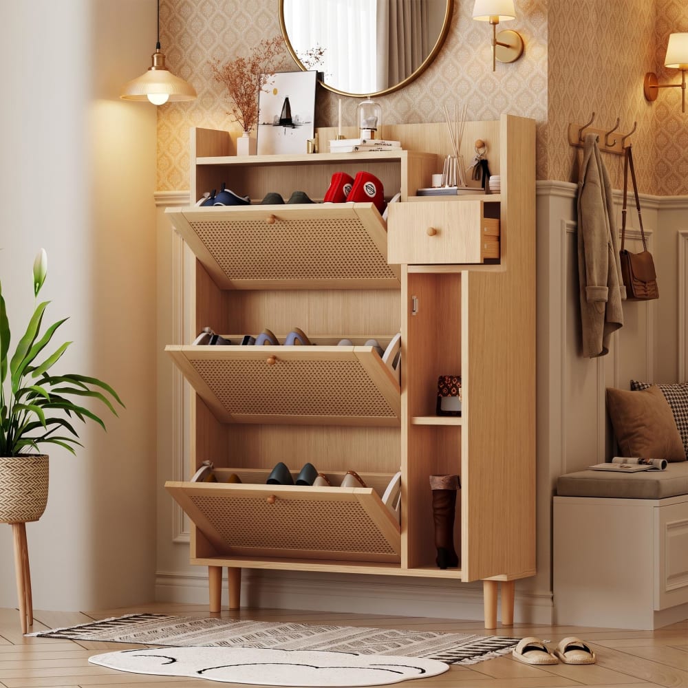 Schuhschrank aus Rattan, 3 Türen, 1 Schublade, verstellbare Böden