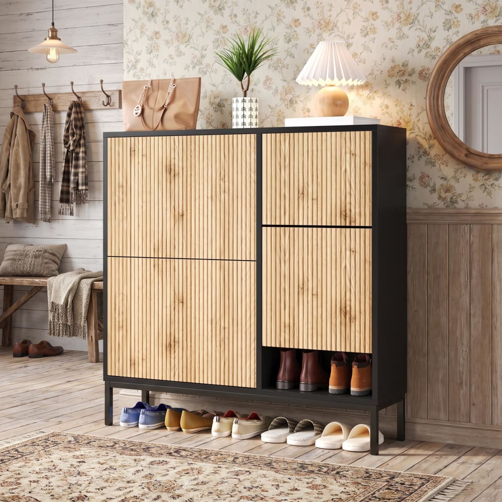 Schuhschrank 3 Klapptüren + Sitzbank, schwarz und natur - Maisons