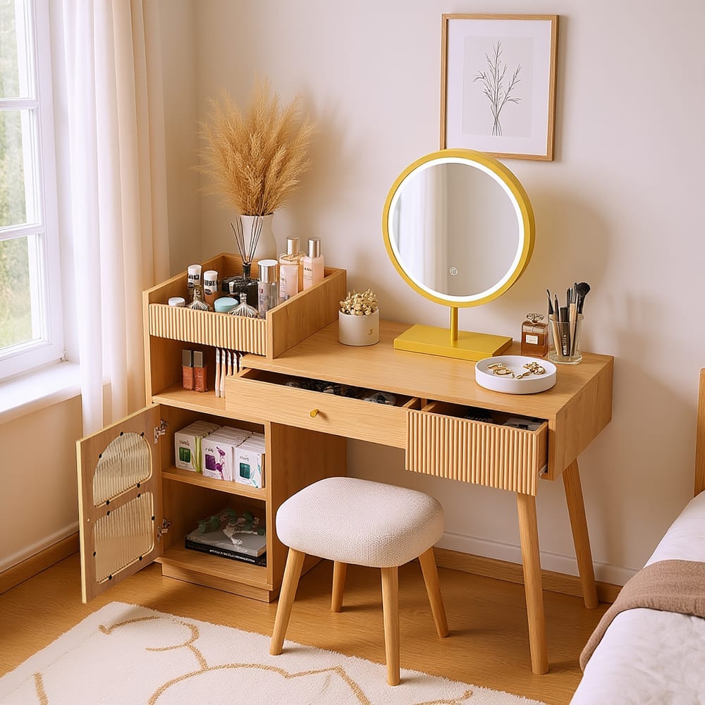 Schminktisch mit Spiegel + 2 Schubladen + Glas-Seitenschrank,