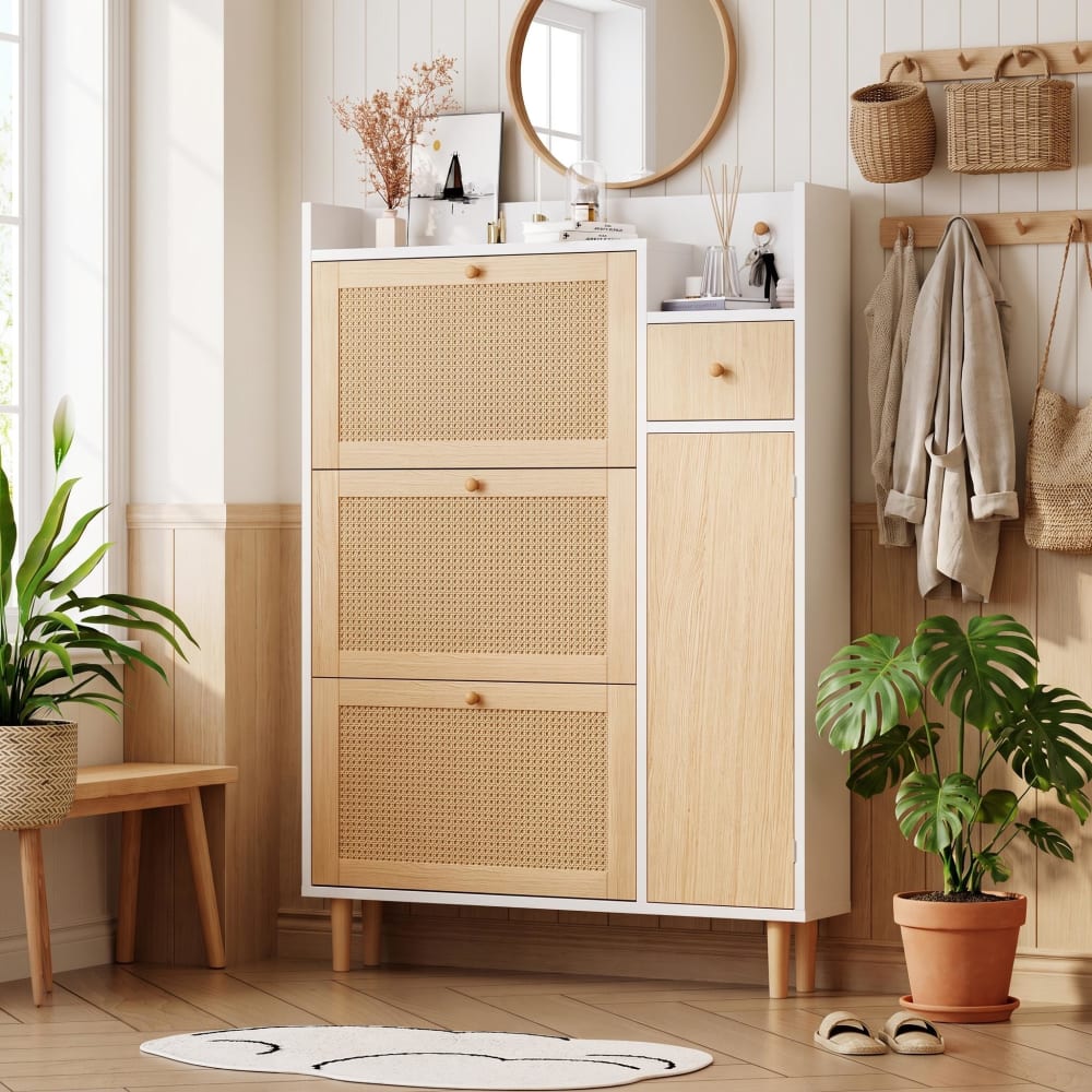 Schuhschrank aus Rattan, 3 Türen+1 Schublade, natur und weiß -