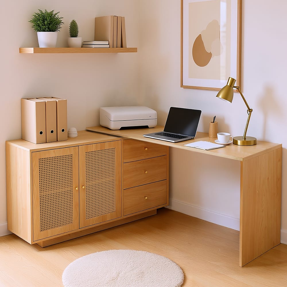Bureau informatique pivotant en l avec rangement + 3 tiroirs naturel