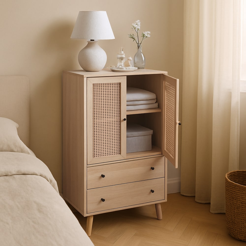 Hoher Eichen-Rattan-Schrank, 2 Türen + Schubladen,