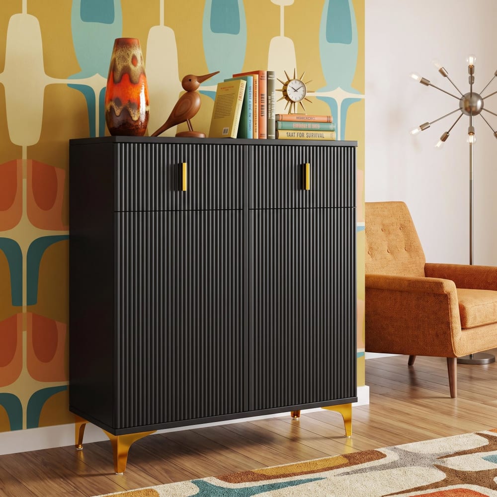 Schwarzer geriffelter Sideboard mit 2 Schubladen und Türen -