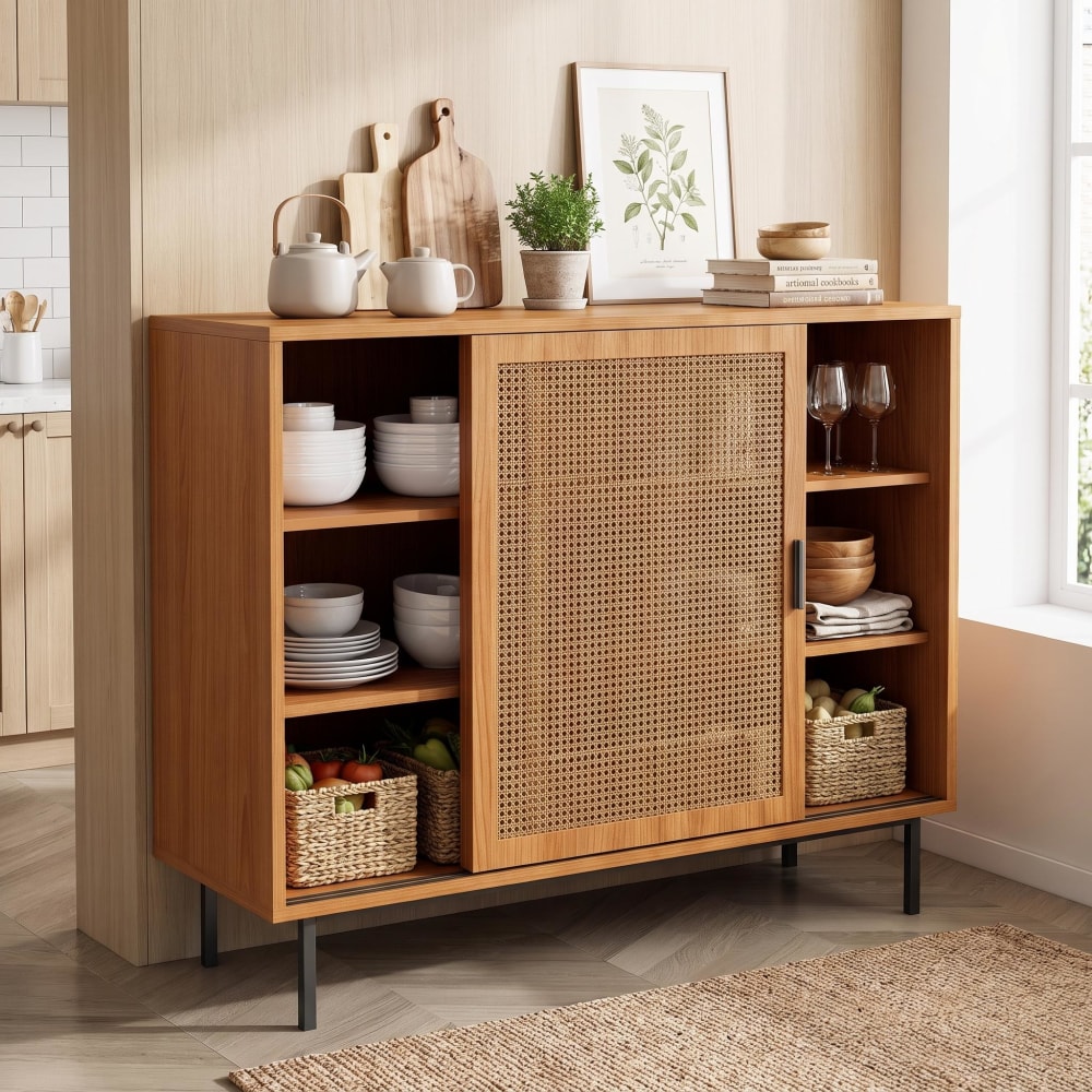 Skandinavisches Sideboard, Rattan-Schiebetüren, Metallbeine -