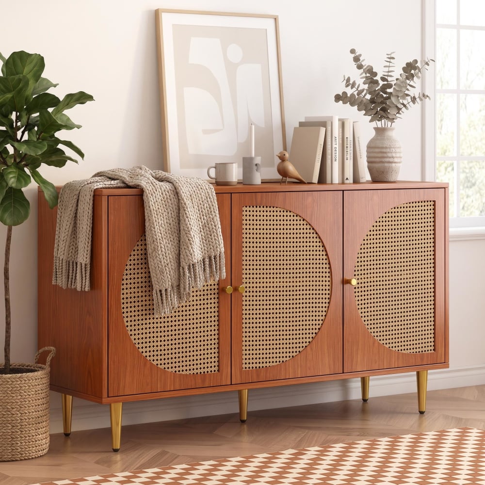 Buffet en rotin, 3 portes tissées demi-cercle et pieds métal