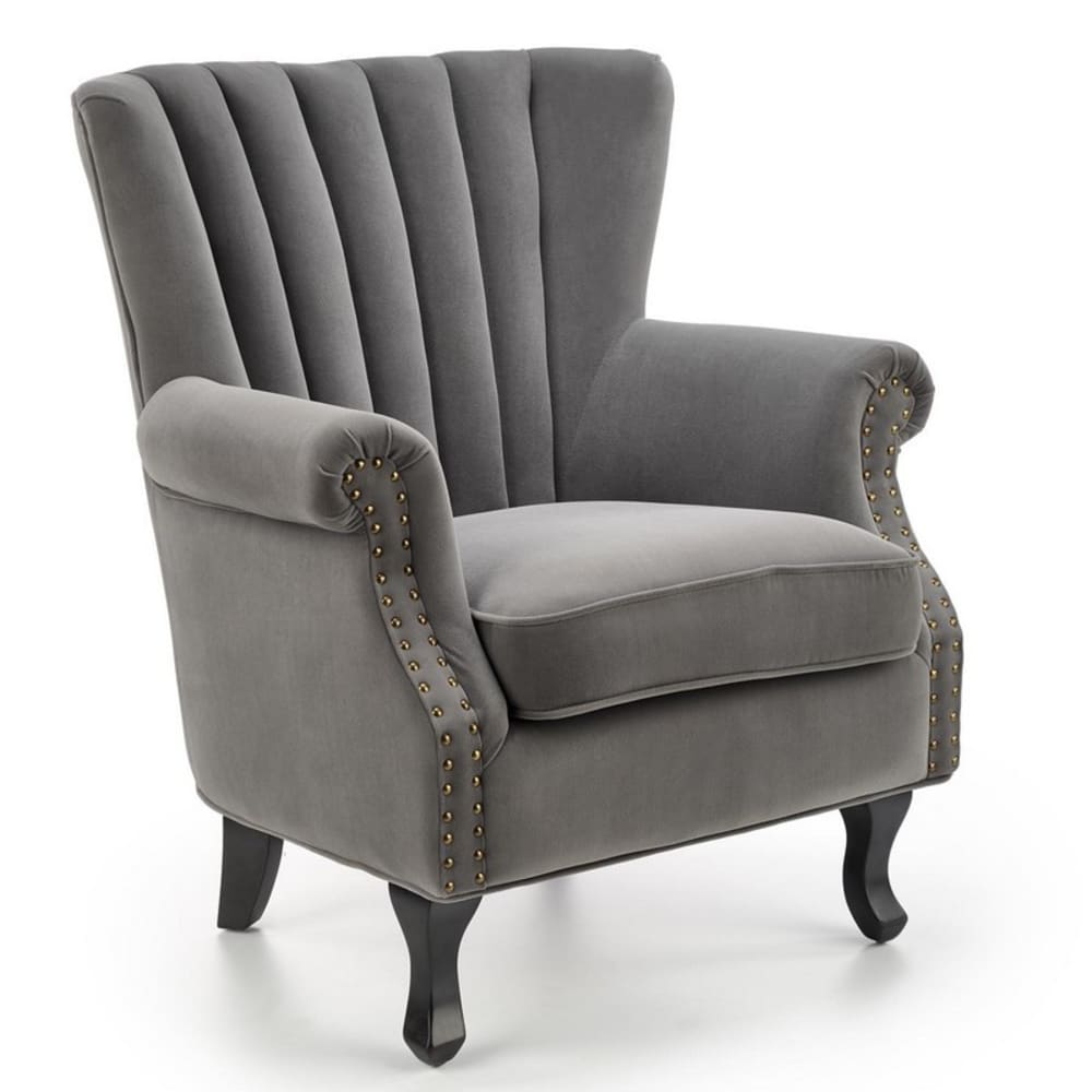 Fauteuil en velours gris - pieds accoudoirs