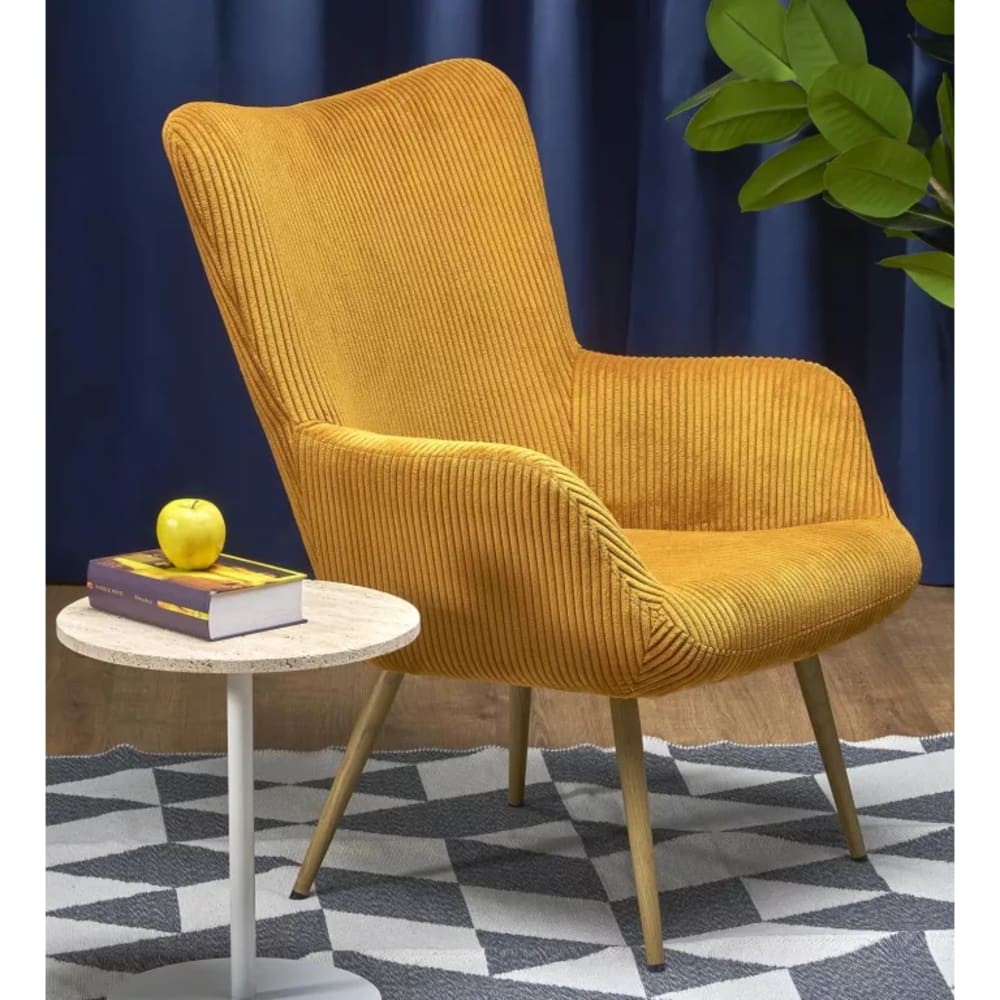 Fauteuil lounge en velours de polyester côtelé  et pieds en acier