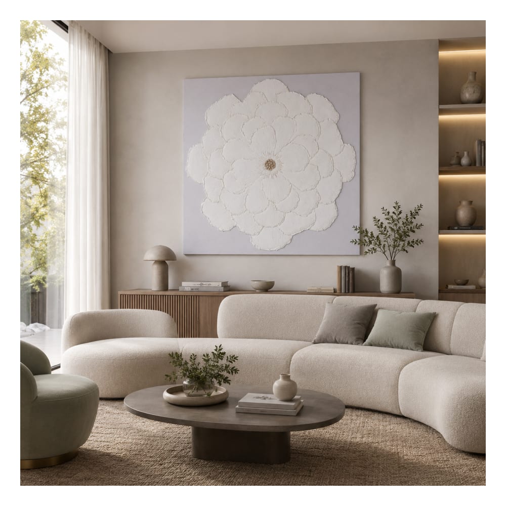 Tableau fleur 3d sur tissu en papier mâché blanc 120x7x120 cm