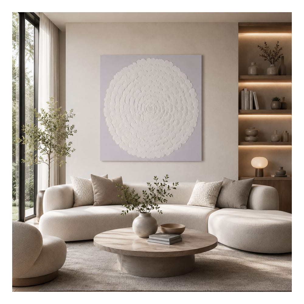Tableau fleur 3d sur tissu en papier mâché blanc 120x7x120 cm