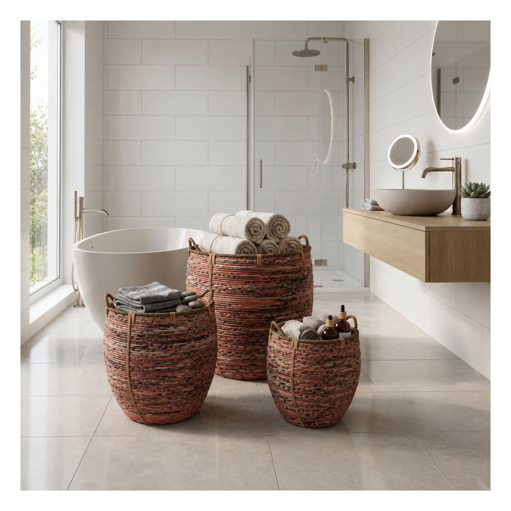 Ensemble de 3 paniers en rotin rose