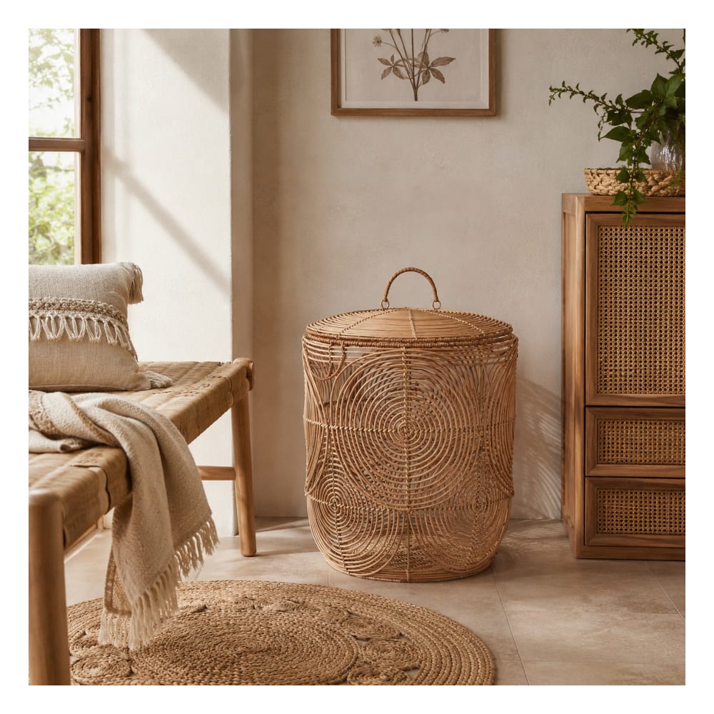 Ensemble de 2 paniers avec couvercle en rotin marron