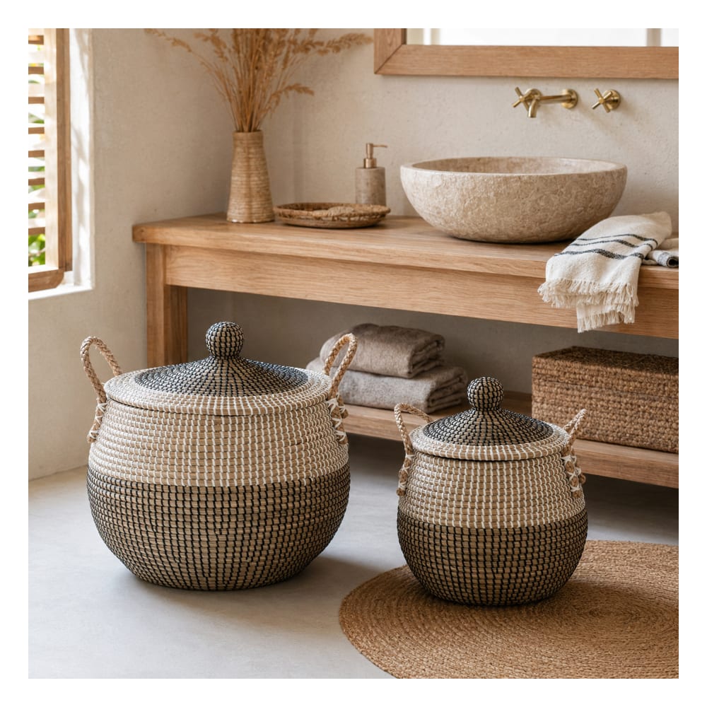 Ensemble de 2 paniers avec couvercle en fibres naturelles multicolore