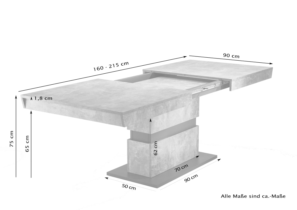 Tisch mit Auszug, Artisan Eiche (Eiche-Optik), 160-215 x 90, H 75