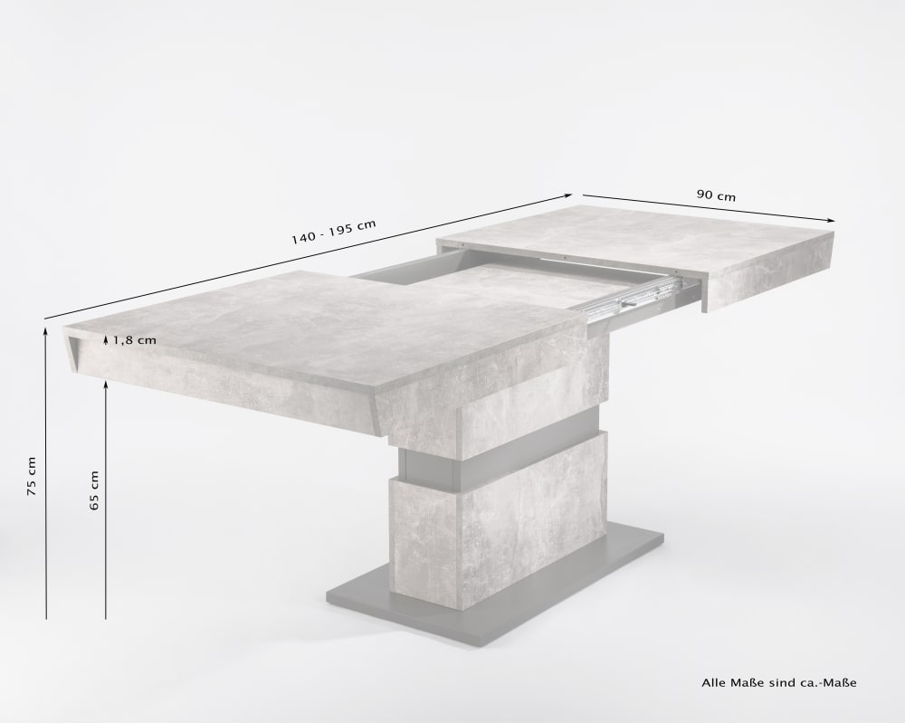 Tisch mit Auszug, Light Atelier (Beton-Optik), 140-195 x 90, H 75