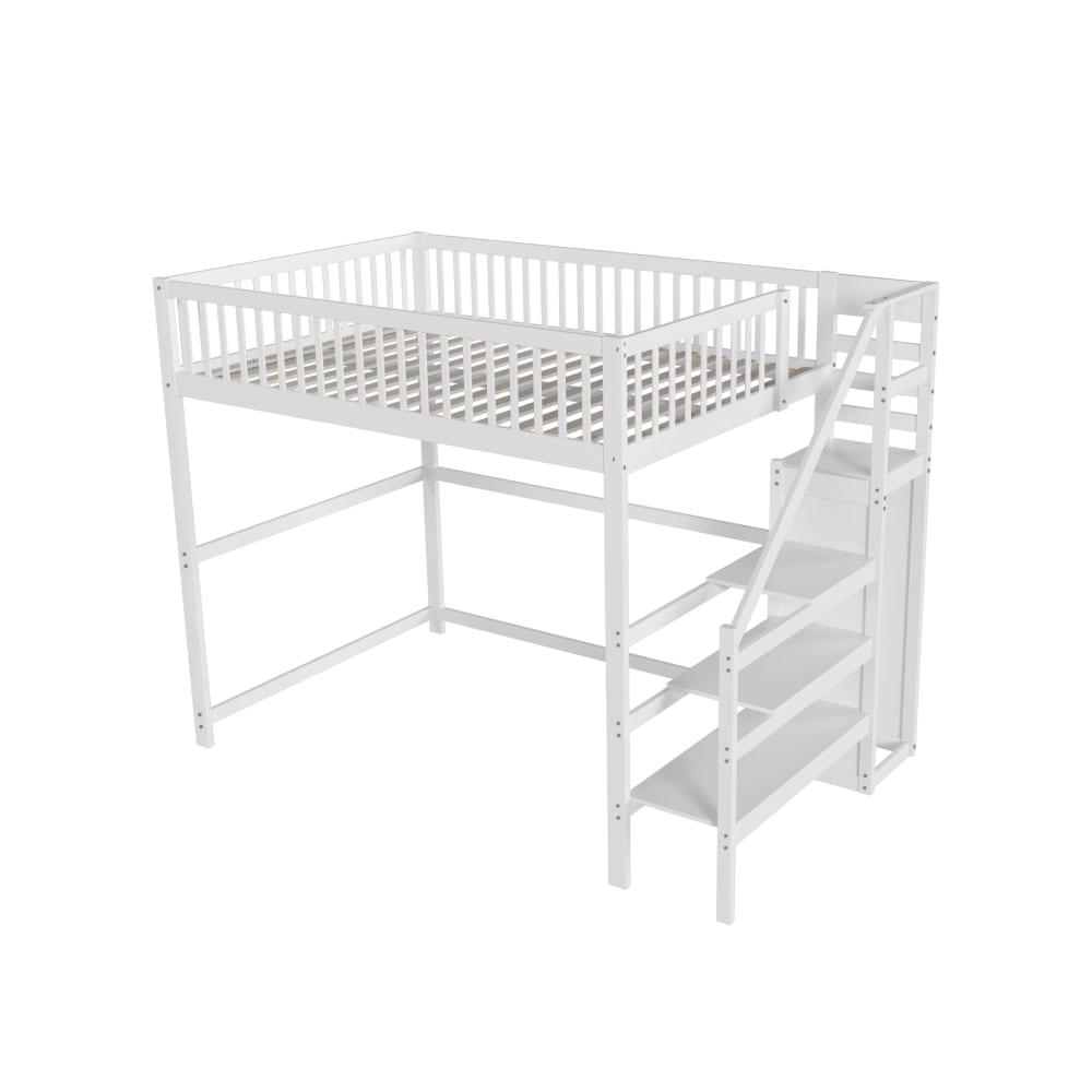 Kinder Hochbett 140 x 200 cm mit Treppe Kleiderschrank Weiß -
