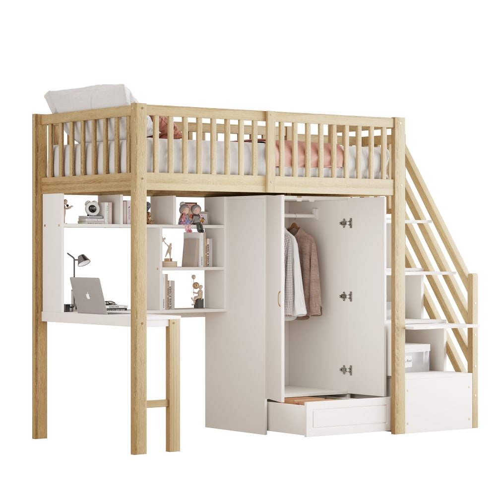 Hochbett 90x200 cm mit Schrank Schreibtisch und Stauraum -