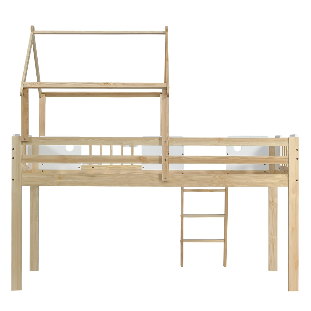 Kinder Hochbett 90 x 200 cm mit Dach Schrägleiter Weiß Natur -
