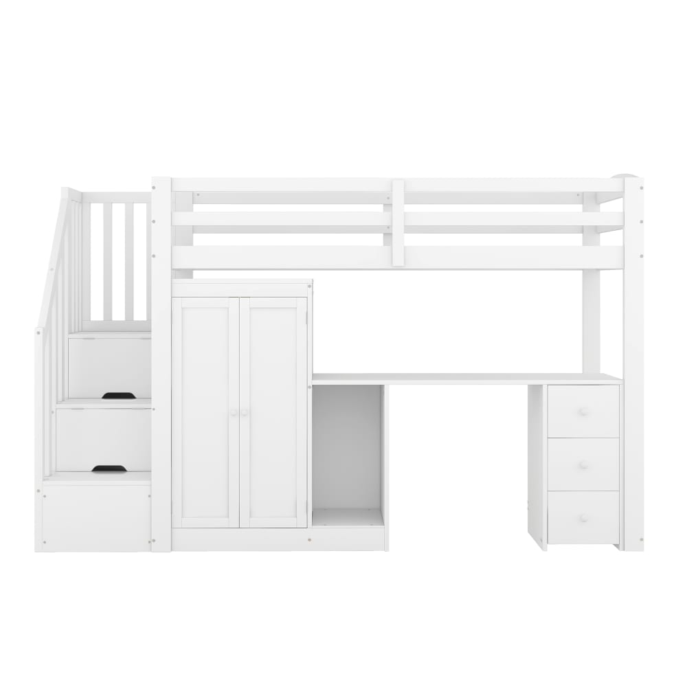 ComfortXL Kinder Hochbett 90 x 200 cm mit Schreibtisch Kleiderschrank Weiß WEISS HOLZ Baby