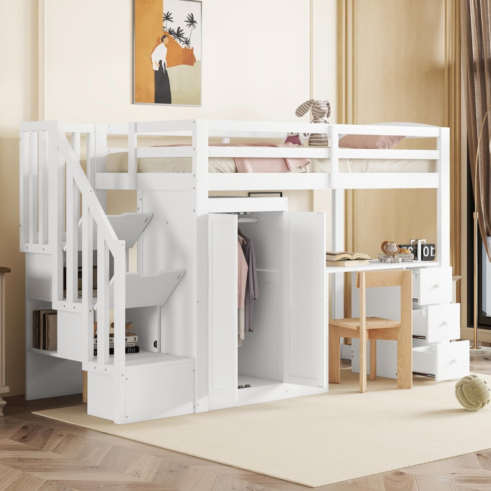 Kinder Hochbett 90 x 200 cm mit Schreibtisch Kleiderschrank Weiß