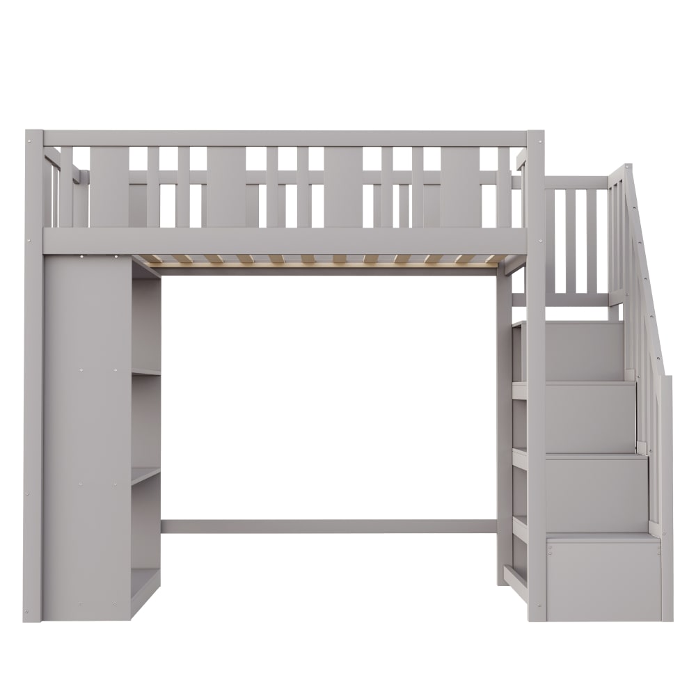 Hochbett 90x200 cm mit Stauraumtreppe und Regalen Grau - Maisons