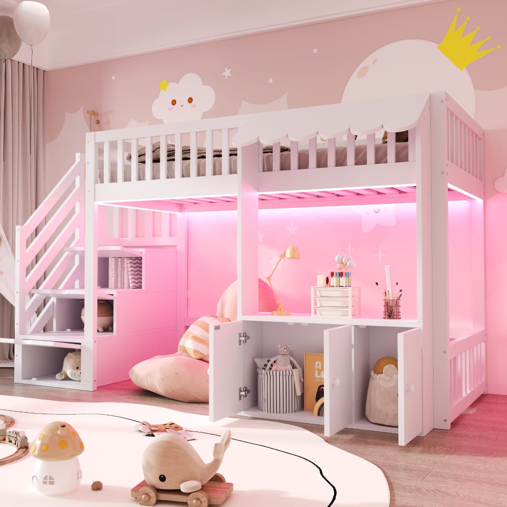 Hochbett 90x200 cm mit LED und Stauraumtreppe Weiß - Maisons Du