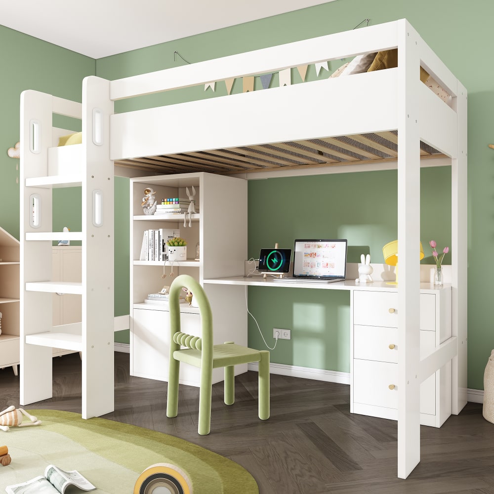 Kinder-Hochbett 90x200 cm mit Schreibtisch und Kleiderschrank,