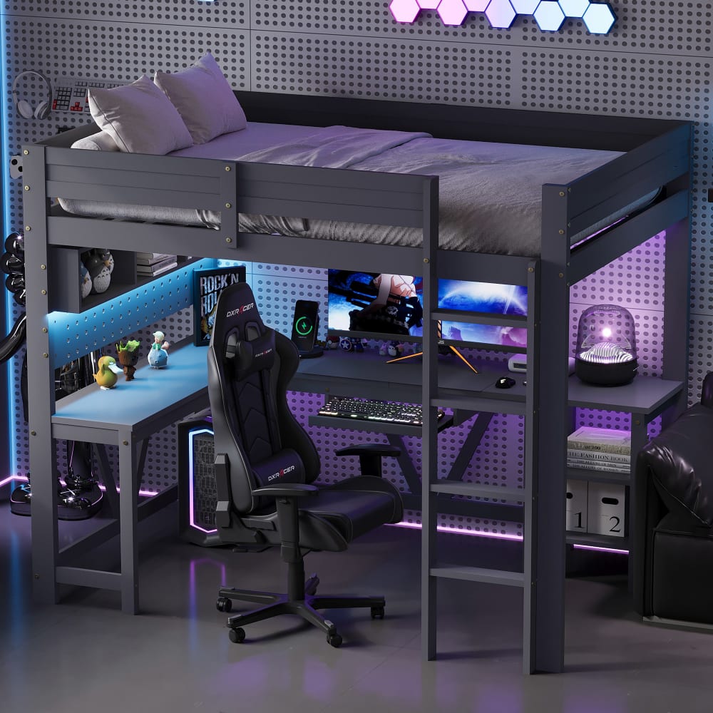 Gaming-Hochbett 90x200 cm mit Schreibtisch und LED grau - Maisons