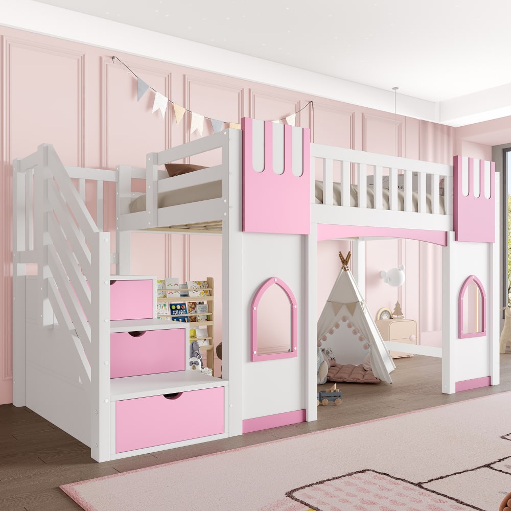 Kinder-Hochbett 90x200 cm mit Stauraumtreppe rosa weiß - Maisons