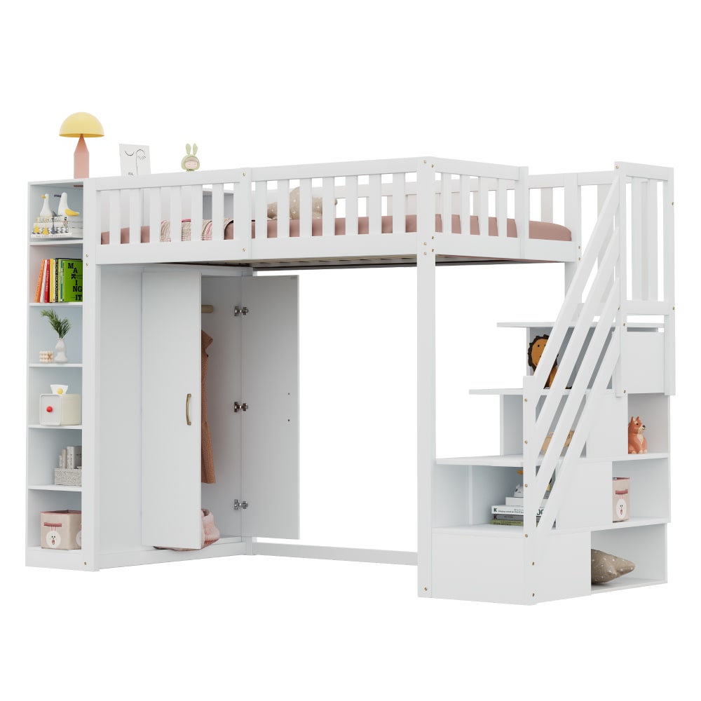 Hochbett 90x200 cm mit Schrank und Stauraumtreppe weiß - Maisons