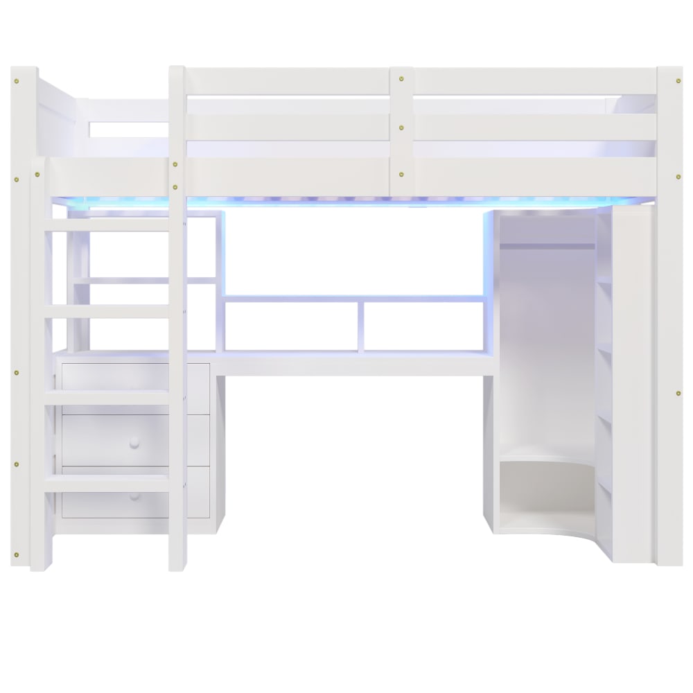 Kinder-Hochbett 90x200 cm mit LED, Schreibtisch und Schrank -