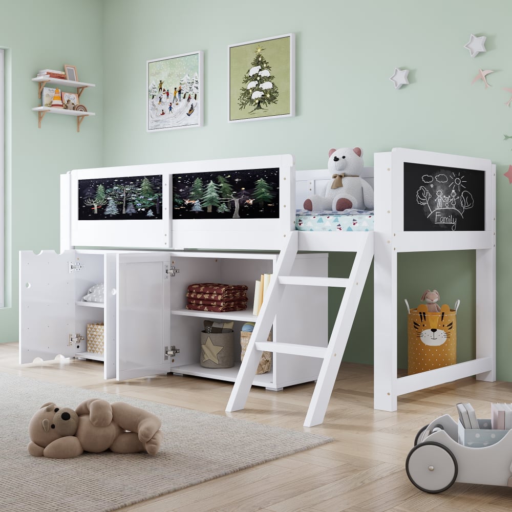 Kinder-Hochbett 90x200 cm mit Schrank und Maltafel weiß - Maisons