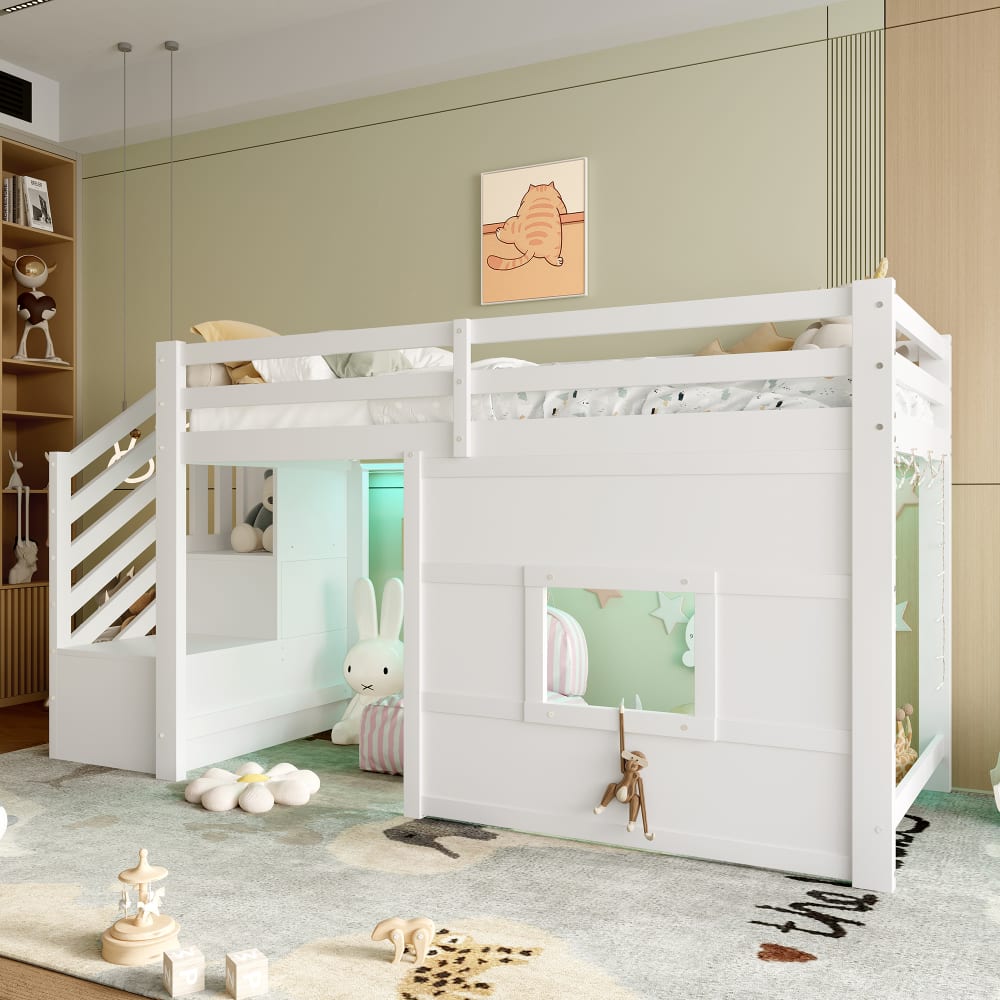 Kinder-Hochbett 90x200 cm mit Stauraumtreppe und LED weiß -
