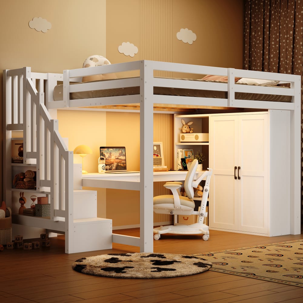 Kinder-Hochbett 140x200 cm mit Schreibtisch und Kleiderschrank -