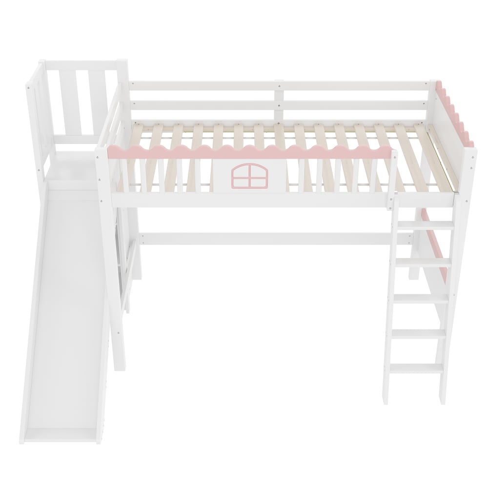 Kinder-Hochbett 90x200 cm mit Rutsche, LED und Regalen, Weiß -