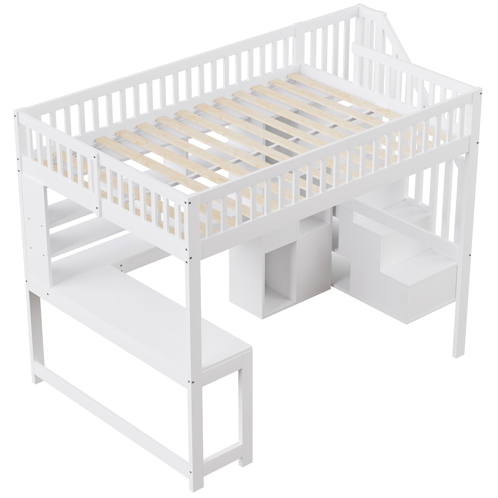ComfortXL Hochbett aus Kiefernholz mit LED und Schreibtisch 140 x 200 Weiß Weiß Baby