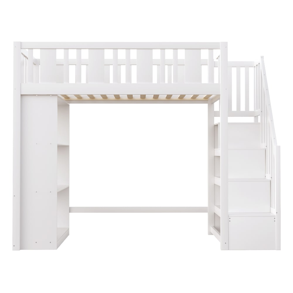 Kinderhochbett 90x200 cm mit Stauraumtreppe und Regalfächern weiß