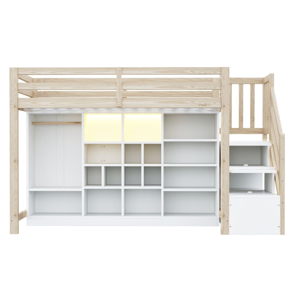 Hochbett 90x200 cm mit Stauraum LED und Kleiderschrank - Maisons