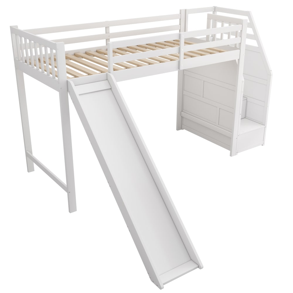 ComfortXL Kinder-Hochbett 90x200 cm mit Rutsche und Stauraumleiter weiß Holz Baby