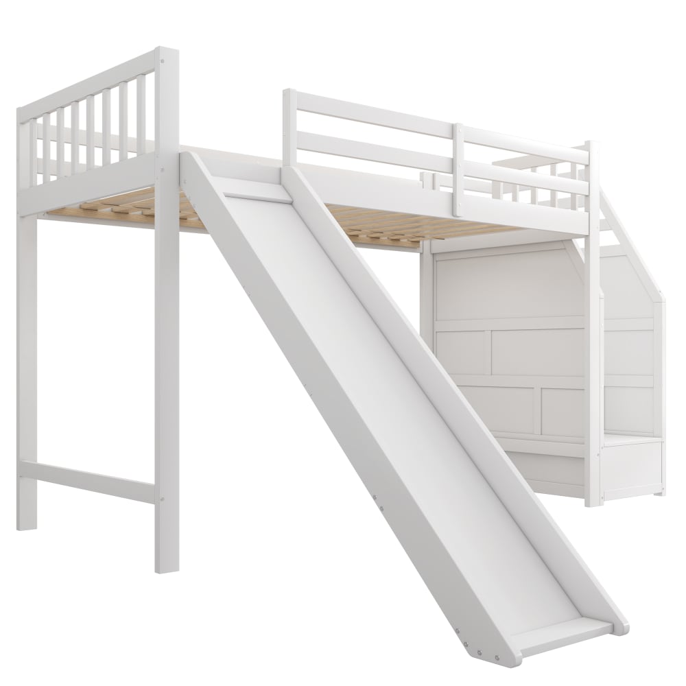 Kinder-Hochbett 90x200 cm mit Rutsche und Stauraumleiter weiß -