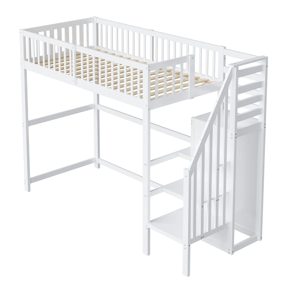 Lit mezzanine 90x200 cm avec escalier et penderie blanc